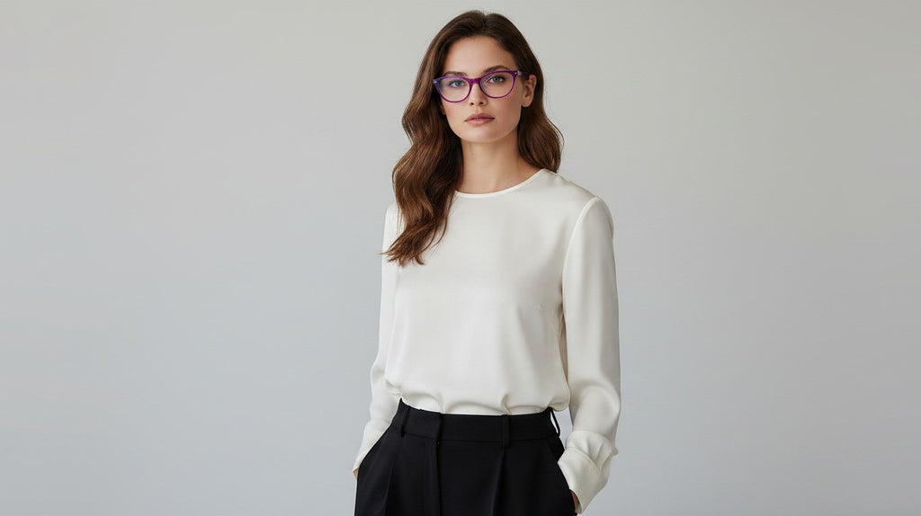 Gafas moradas transparentes de montura gruesa SHELLEY de The Readers, con forma de ojo de gato y detalle de flor.