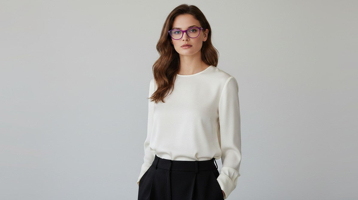 Gafas moradas transparentes de montura gruesa SHELLEY de The Readers, con forma de ojo de gato y detalle de flor.